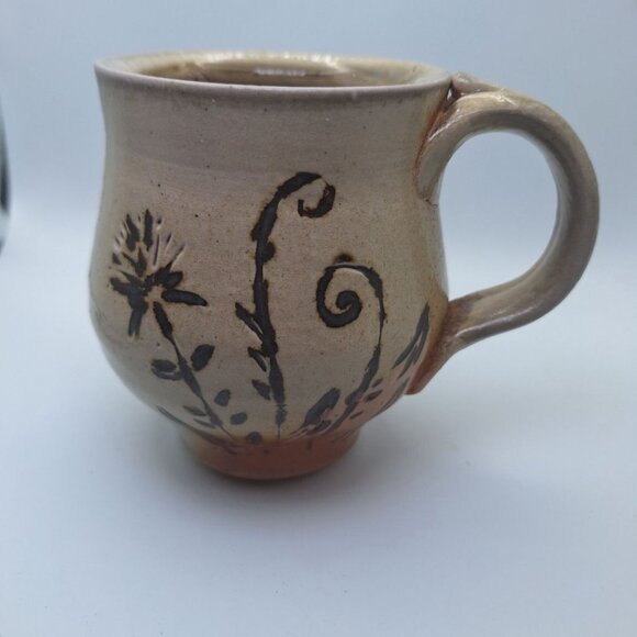 Clay Pottery Tea Coffee Mug Cup Art 4 Inch Brown Earth Handmade Folk Floral - Picture 2 of 8